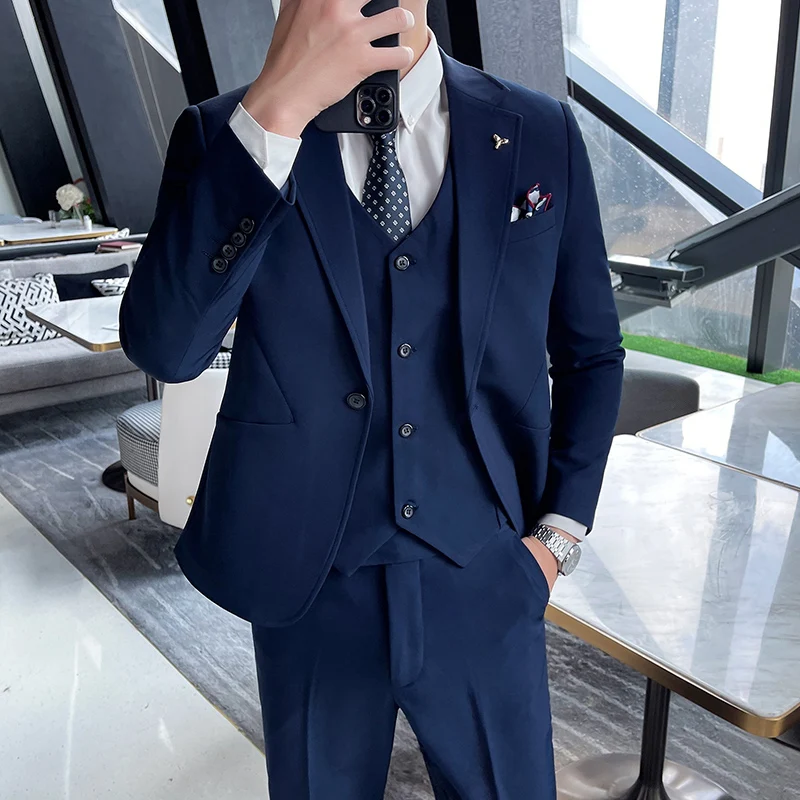

Fashion New Men's Leisure Boutique Slim Business Solid Color Suit Coat 3 Pcs Set / Wedding Groom Dress Blazers Jacket Pants Vest
