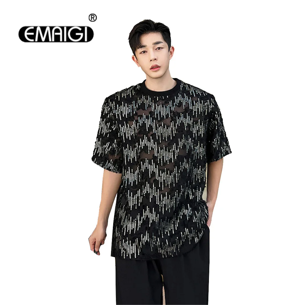 

Tshirts Men Niche Fashion Sequin Short Sleeve Loose Casual T-shirt Male Stage Show Clothing Korean Streetwear Modeling T Shirts