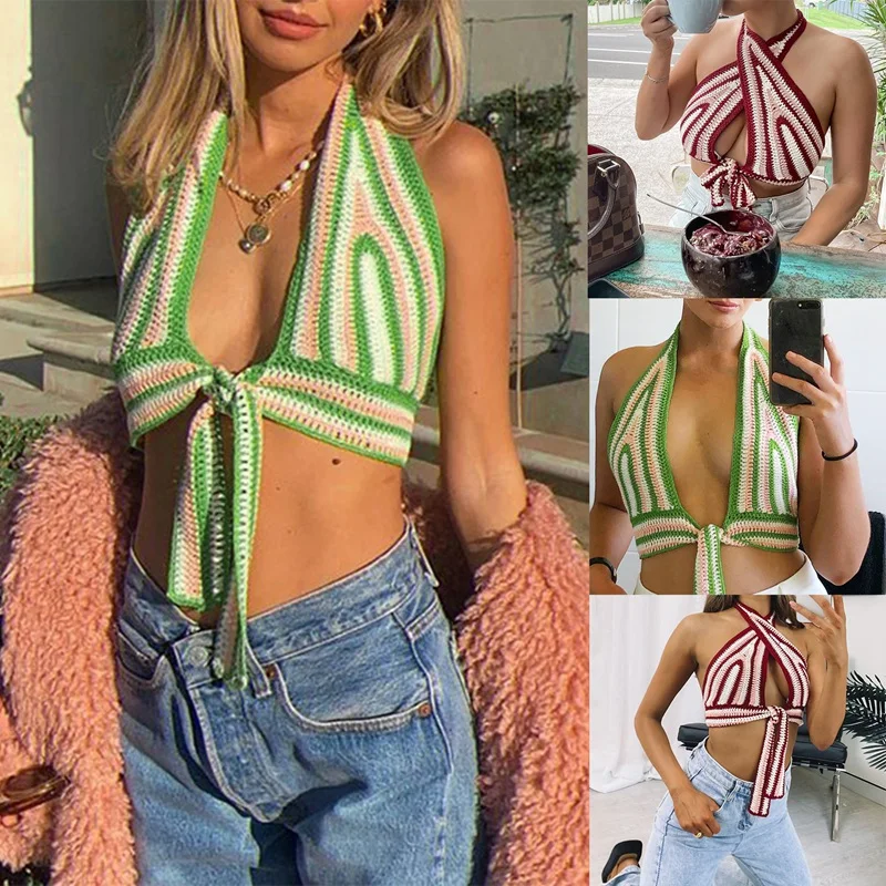 

ASDS-Fashion Halter Knitted Lace Up Tank Tops Women Backless Sweater Vest Female Sexy Cropped Hollow Crop Tops