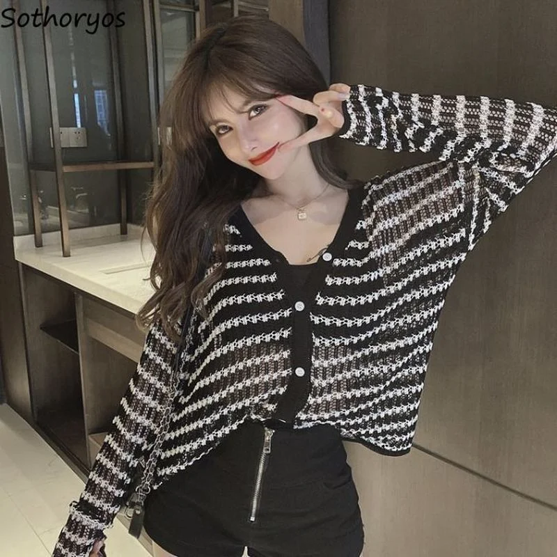 

Cardigan Women Hollow Out Design Trendy Sexy See-through Summer New Striped Leisure All-match Korean Style Ladies Basic Knitwear
