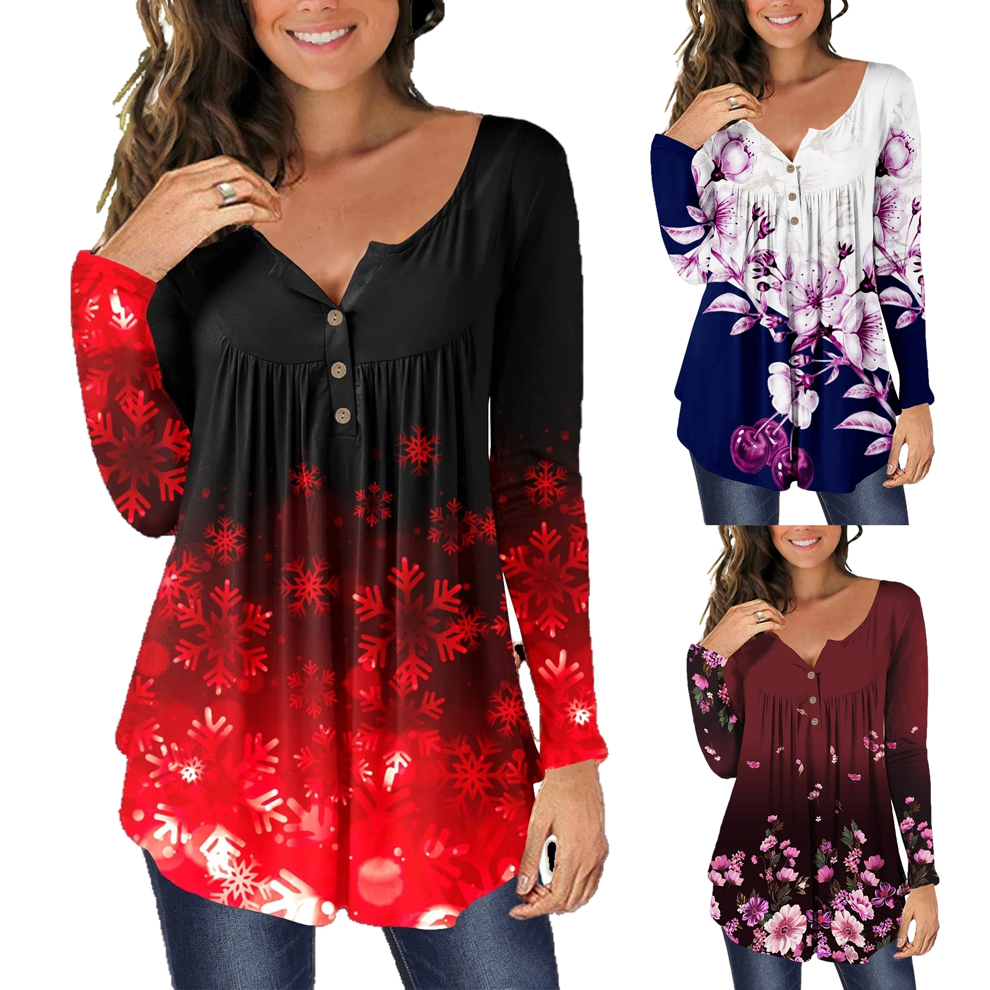 

Spring new fashion versatile casual flower print V-neck women's shirt