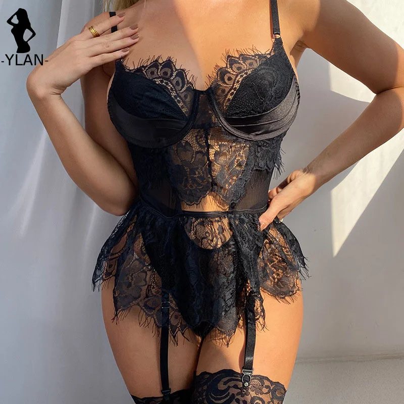 

Underwear Women Sexy Lingerie 3-Pieces Lace Bilizna set Tempation Garter Belt With Stockings Fancy Bralette Intimate Underwear