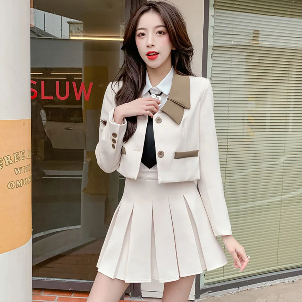 

M-4XL Preppy Style Fashion Skirt Suits Female Autumn Short Ladies Jacket + High Waist Pleated Mini Skirt Two-Piece Sets Student