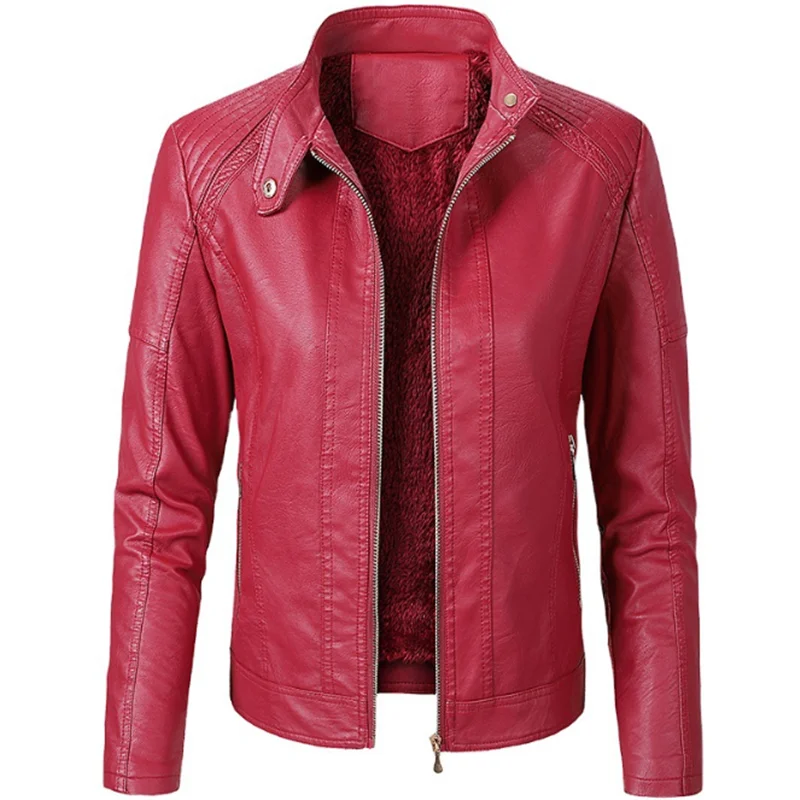 Women Faux Pu Leather Jackets 2022 Autumn Velvet Coat Pocket Zipper Outerwear Slim Biker Jacket Red Black Winter Clothing