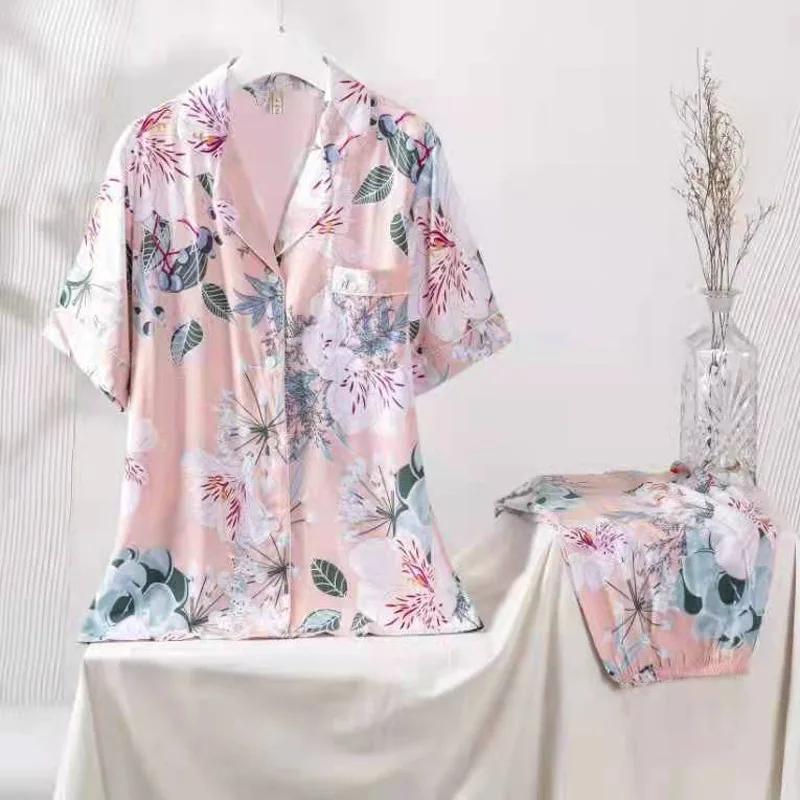 Fdfklak 2Pcs Women's Pajamas Sets Woman Pyjama Suit Summer Lapel Design Short Sleeve Trousers Set Home Clothes Floral Print