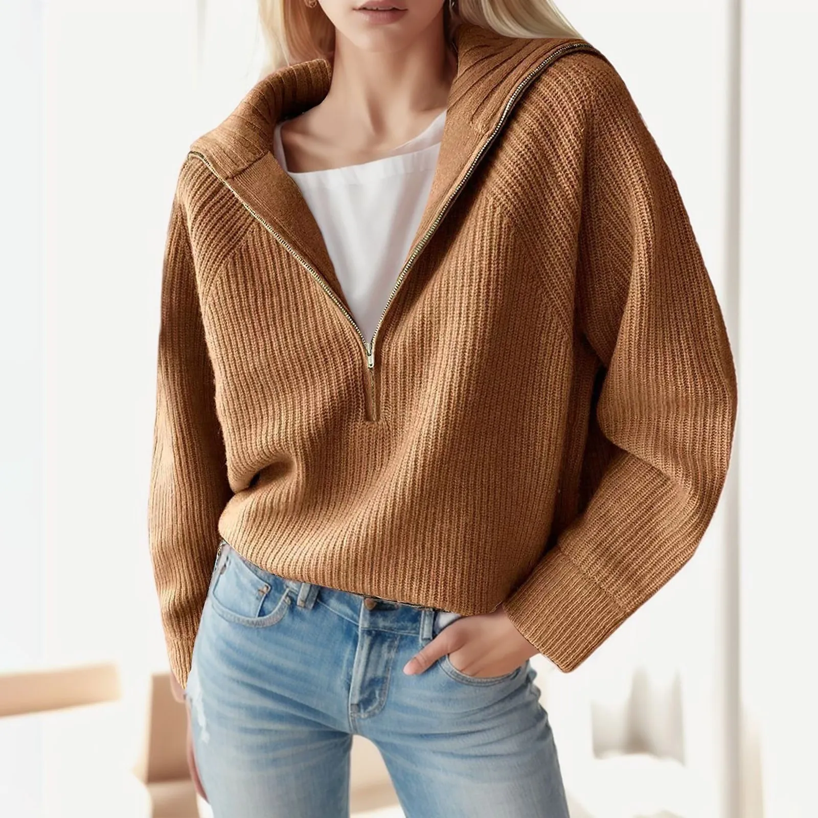 

Women'S Comfortable Knitted Pullover Trendy Lapel Zipper Sweatshirt Female Casual Loose Long-Sleeve Pullover For Ladies Autumn