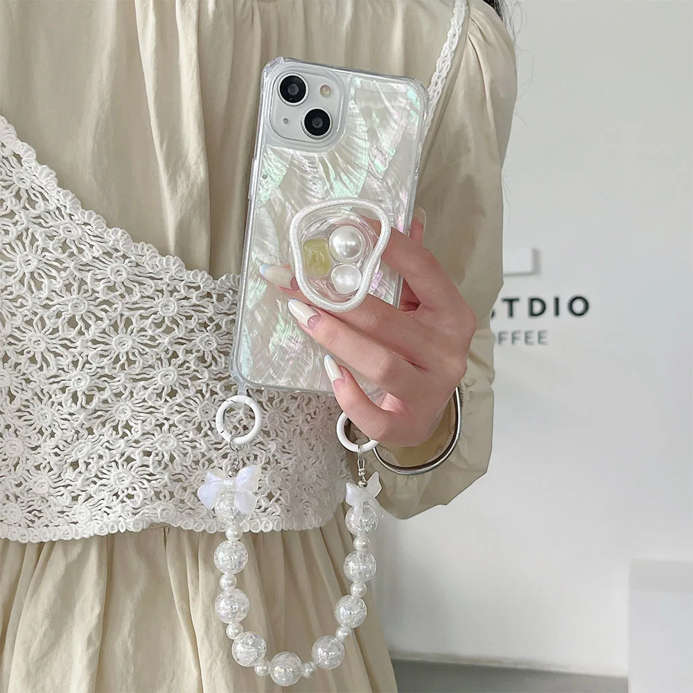 

Luxury Conch Pattern With Ring Holder Bracket Bracelet Phone Case For iPhone 14 13 12 11 Pro Max 14Plus Shockproof Bumper Cover