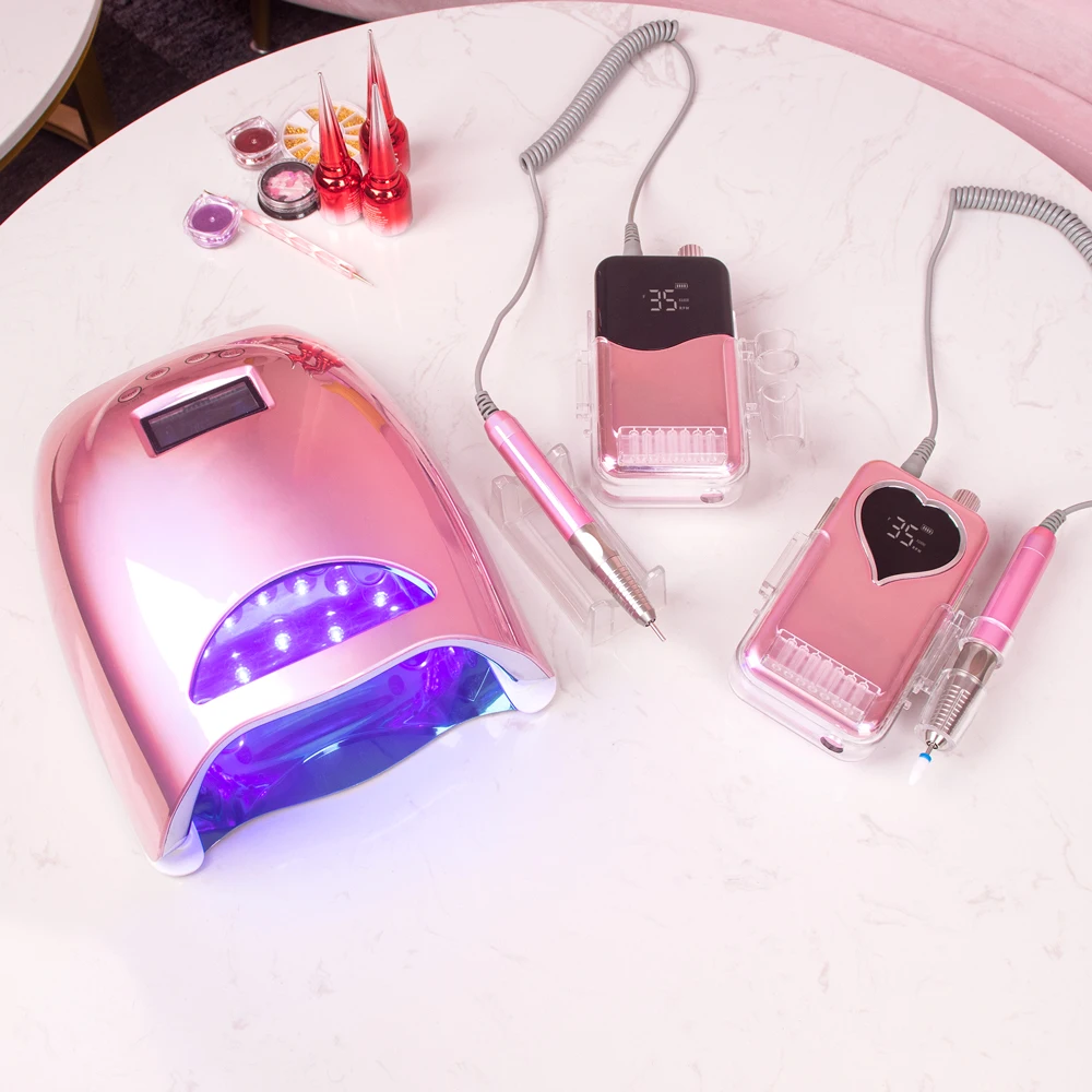 

2023 Pink Wireless Magic Nail Gel Polish Dryer Cordless Rechargeable Gel Nail Set Nail Lamp And Drill
