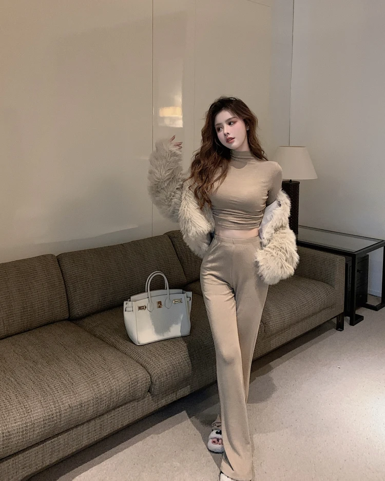 

Make firm offers suit knitting women to catch the plane design feeling backless coat bootleg pants leisure two-piece outfit