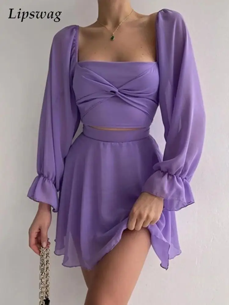 

Костюм женский шифоновый с квадратным вырезом, пикантный модный однотонный пляжный костюм, офисный Повседневный облегающий топ с рукавами-...