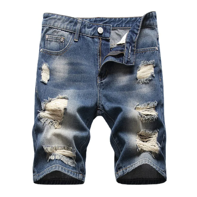 2023 Casual Tide Men's Denim Shorts Europe and America Ripped New Denim Medium Pants Retro Large Size Summer Men's Shorts Jeans
