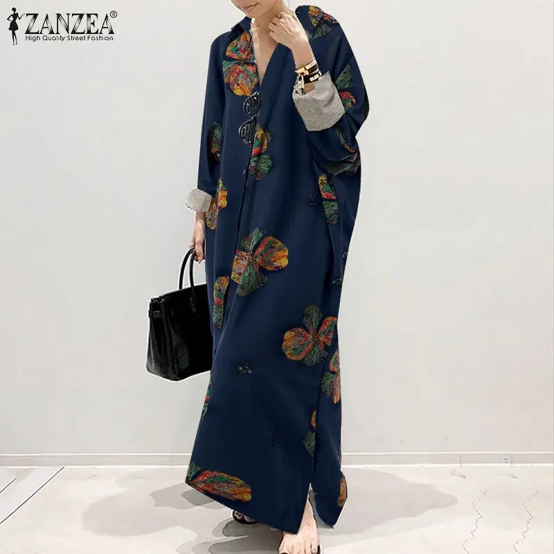 

ZANZEA Fashion Printed Dress 2022 Spring Loose Vestidos Women Vintage Long Sleeve Robe Ladies Casual Loose Oversize Dress Robe