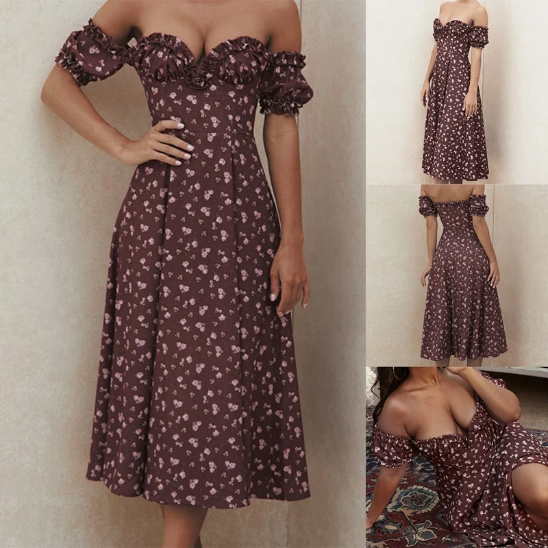 

Женские летние платья с цветочным принтом, элегантные платья с коротким рукавом, вечерние длинные платья с разрезом, летние платья с оборка...