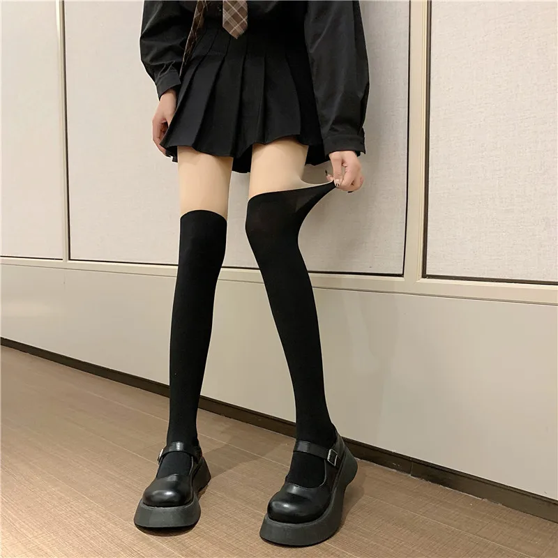 

Sexy Patchwork Color Womens Pantyhose Fake Stockings Thighs High Stocking Black Color Silk Socks Japanese Style JK Sock