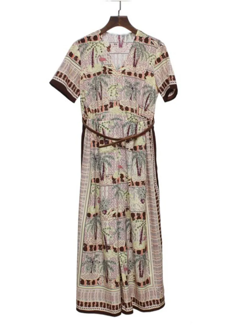 Ladies Short-Sleeved V-Neck Temperament Robe with Belt 2023 New Women Retro Print Loose Straight Midi Dress Summer Ethnic Style