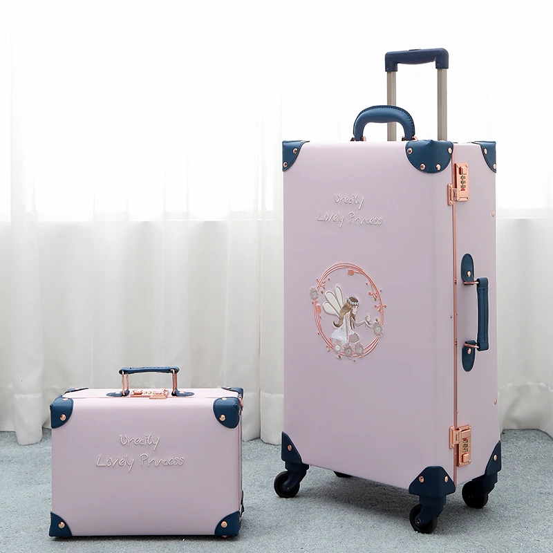 

Real handmade pu travel luggage with cosmetic bag fashion purple rolling luggage girls makeup bag women trolley suitcase