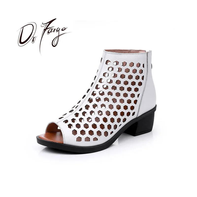 

DRFARGO Women Summer Sandal Back zip 4.5cm Square High Heel Hollowout Peep Toe Retro Dress Shoe size43 Genuine Leather Gladiator