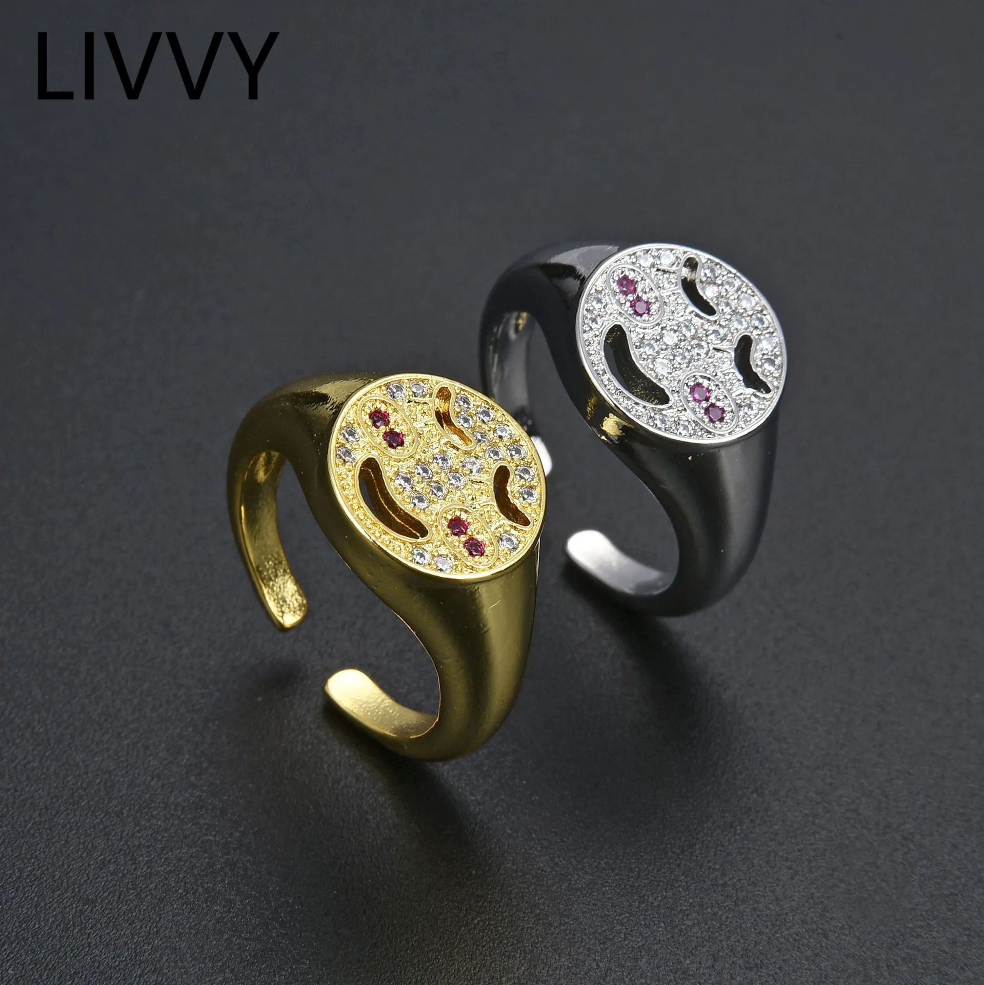 

LIVVY Silver Color New Trendy Metal Cubic Zirconia Smiley Face Cute Ring For Women Fashion Simple Punk Style Party Jewelry