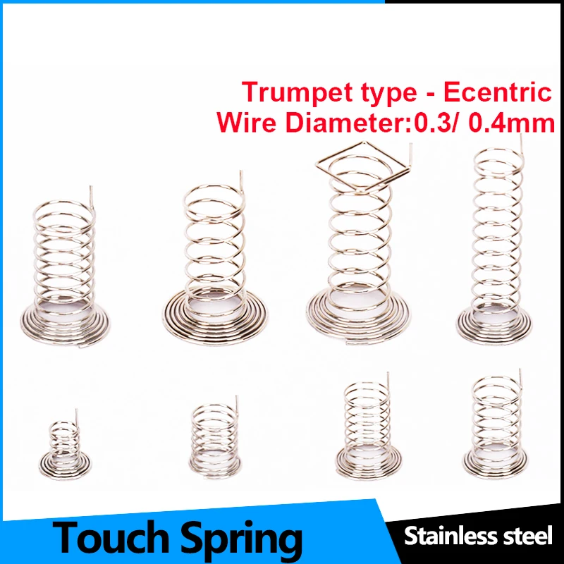 

Stainless Steel Horn Type Button Key Ecentric Contact Touch Induction Compression Spring WD 0.3mm 0.4mm for PCB Switch 50Pcs