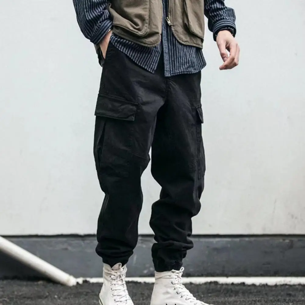 

2022 Men's Cargo Pants Solid Color Multi Pockets Elastic Waist Drawstring Loose Streetwear Spring Autumn Ankle Tied Trousers