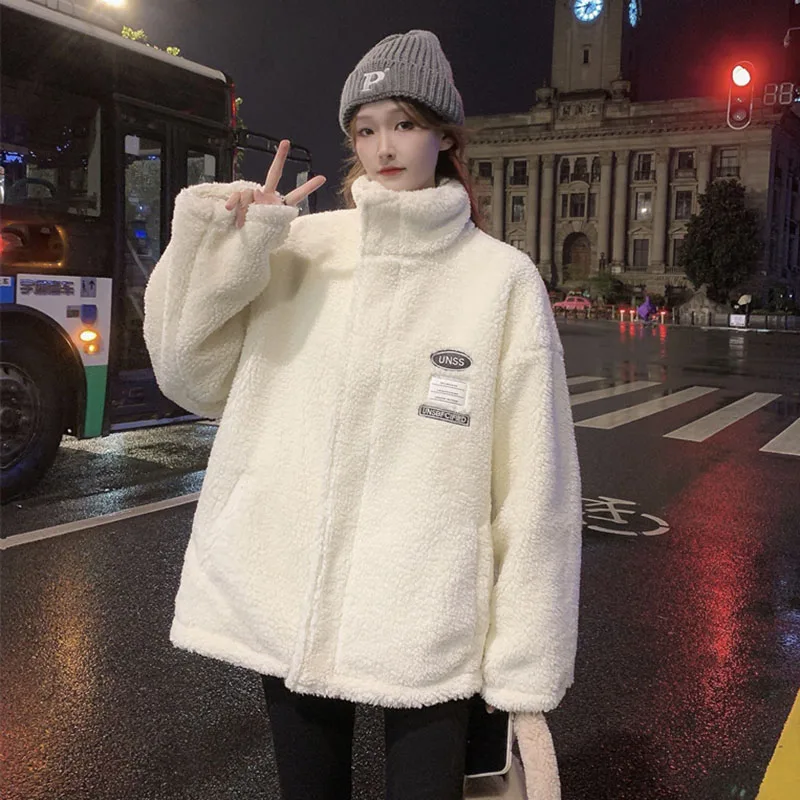 

Lucyever корейское Свободное пальто из овечьей шерсти Женская осенне-зимняя двухсторонняя одежда теплая плюшевая куртка женская на молнии толстые флисовые пальто