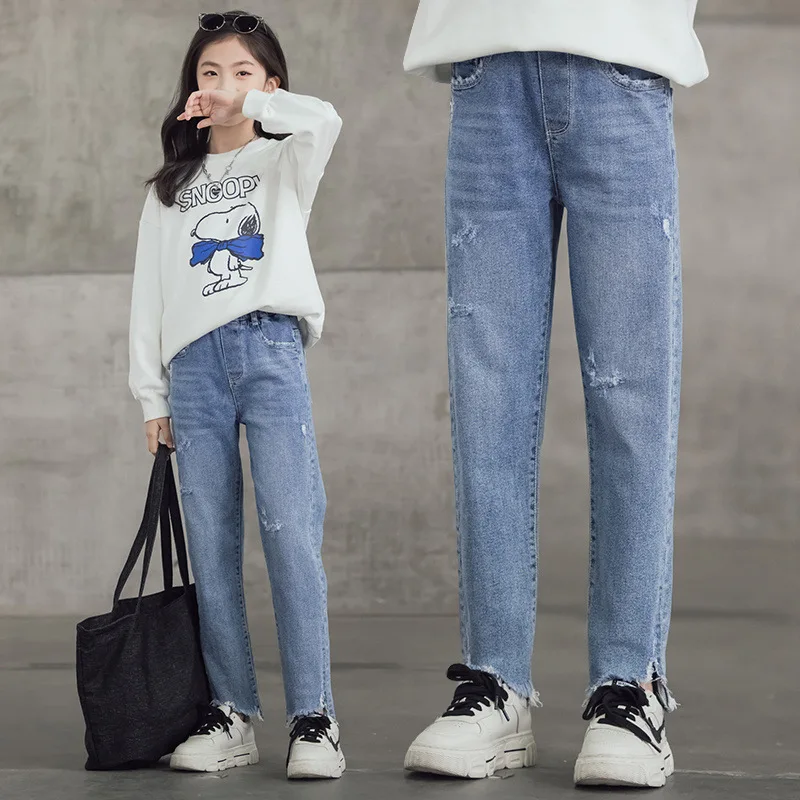 

2022 New Children Jeans for Girls Spring Autumn Hole Denim Pants Kids Ripped Irregular Foot Casual Trousers Teen Clothes