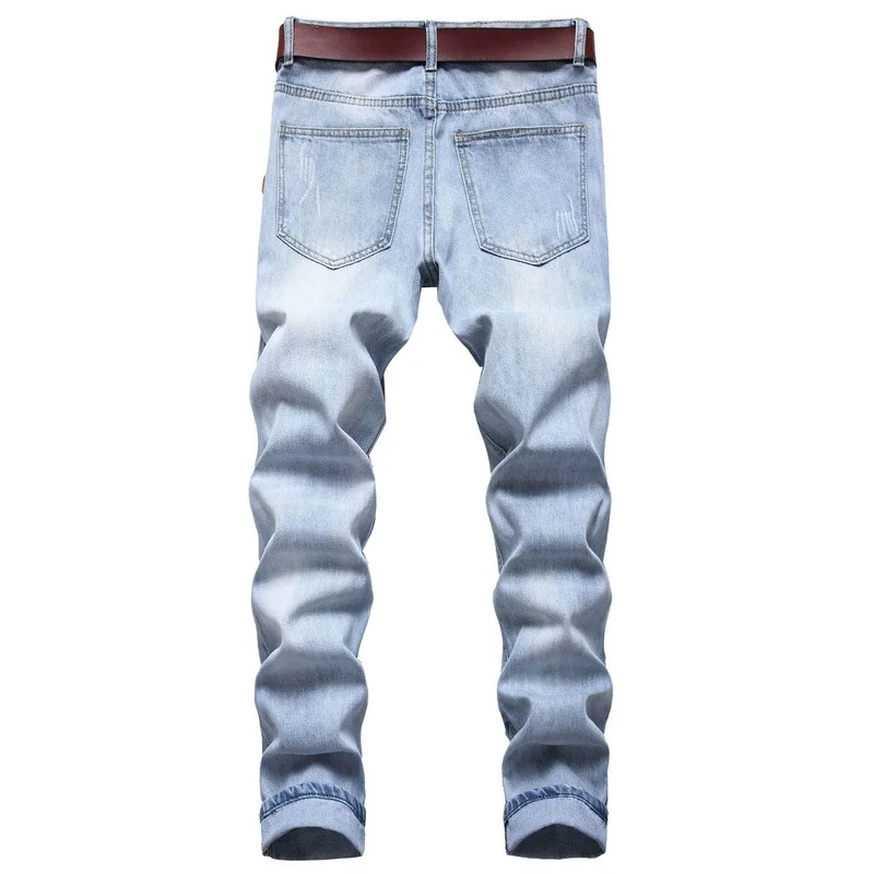 Cotton Mens Jeans Holes Beggars Pants Straight  Light Blue Jeans Spring and Autumn Fashoin Streetwear Men Denim Jeans
