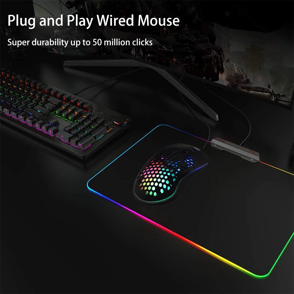 RGB Gaming Mouse 6400DPI Optical Honeycomb Shell Mouse 7 Buttons Ergonomics Mice LED Glow USB Wired Mause For PC Laptop Office