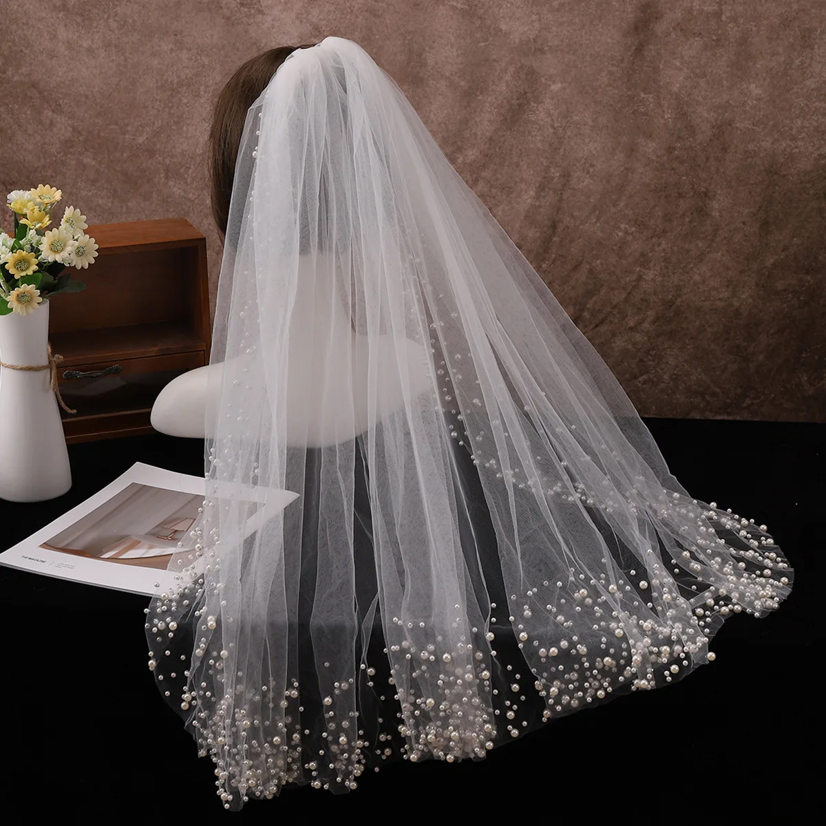 Фата свадебная Однослойная с жемчугом и металлической расческой
