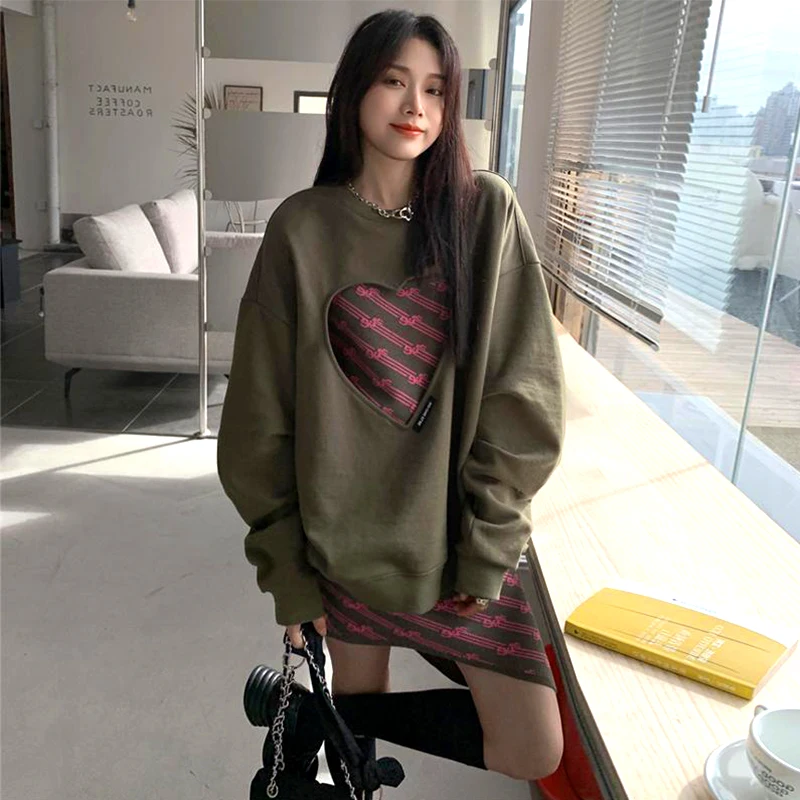 

Korean Style Hollow Out Heart Hoodie Women Clothes y2k Vintage Sexy Plus Size Long Sleeve Two-Piece Sets Dress Designer Hoodie