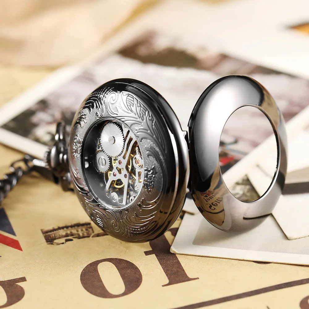Vintage Black Smooth Hollow Mechanical Pocket Watch Male Clock Roman Skeleton Steampunk Pocket Watch Men Women Hanging Fob Chain