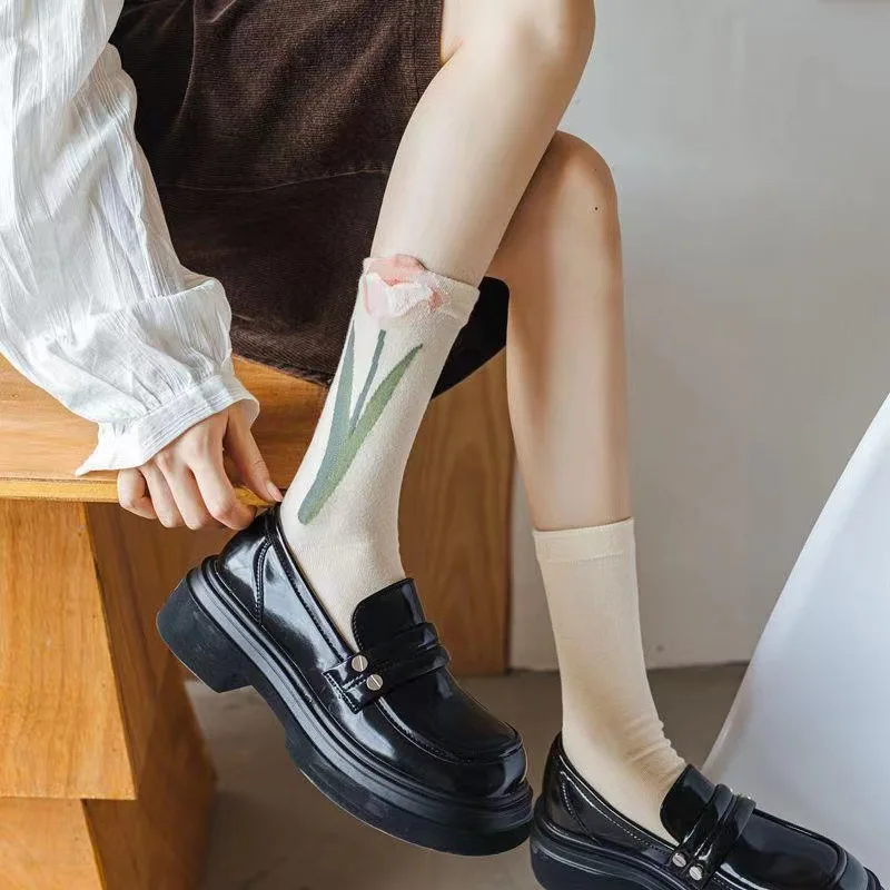 New Women Socks Korean Cotton Socks Girls Frilly Ruffle Cute Sweet Breathable Kawaii Crew Socks Girls  Style Flower Trend Casual