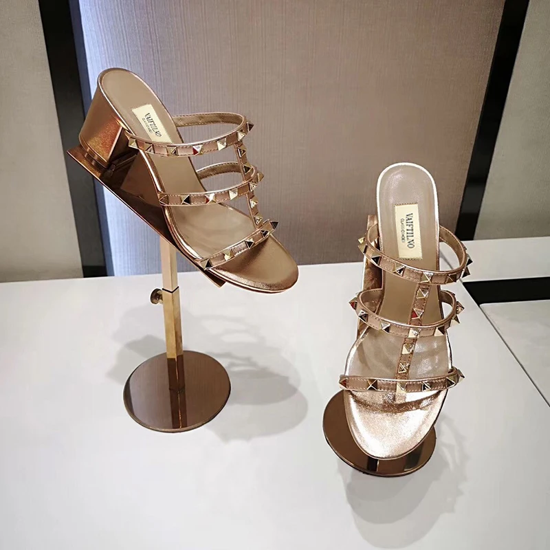 Women's Sandals Summer Luxury Brand Slippers Chunky Heel Real Leather Rivets Shoes Casual Noiseless Designer Silver Ladies shoes