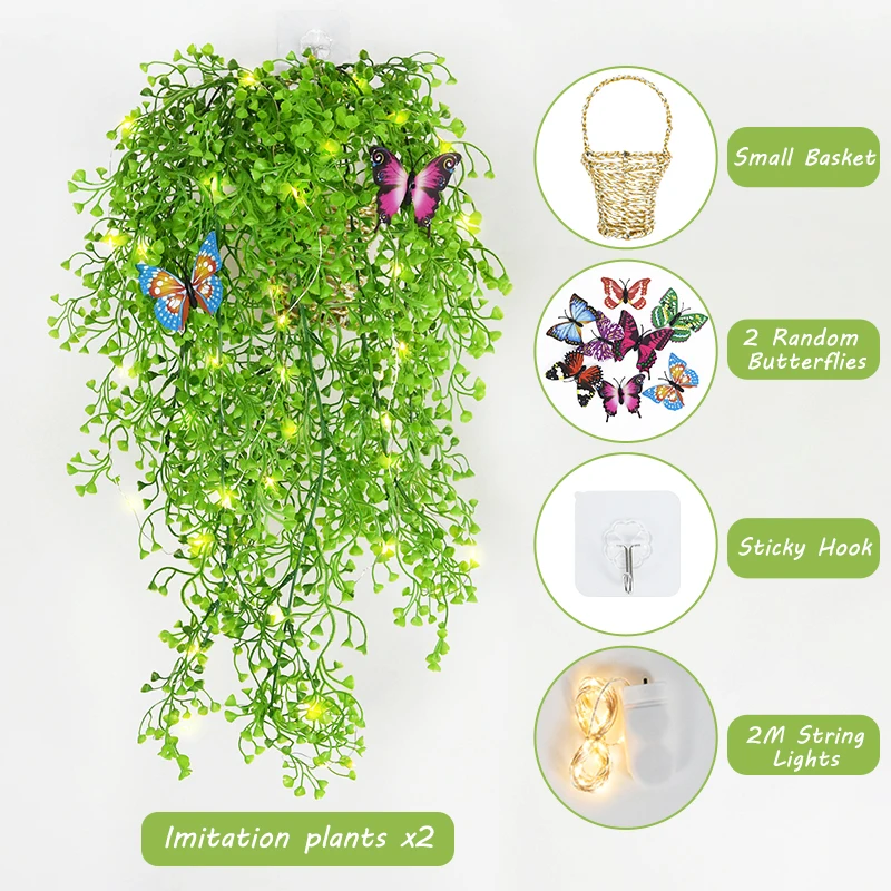 

LED Butterflies Artificial Green Plant Flower Vine Wall Hanging Ornament For Basket Garden Home Party Decoration Ivy Rattan