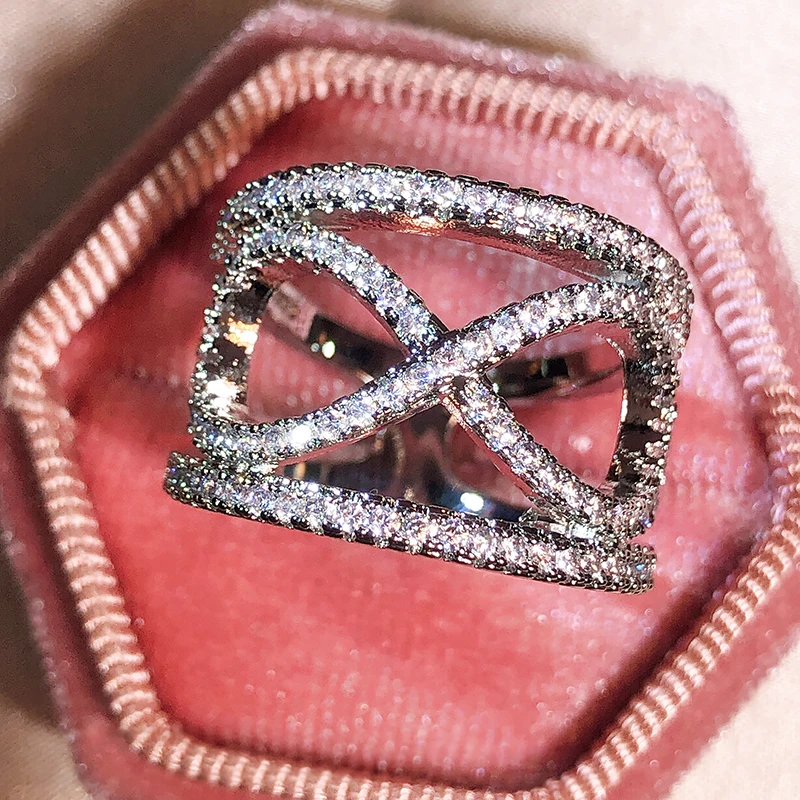 

NEW Unique Openwork Cross-Letter X Full Diamond Couple Ring For Women Geometric Silver-Plated Engagement Bridal Gift Jewelry