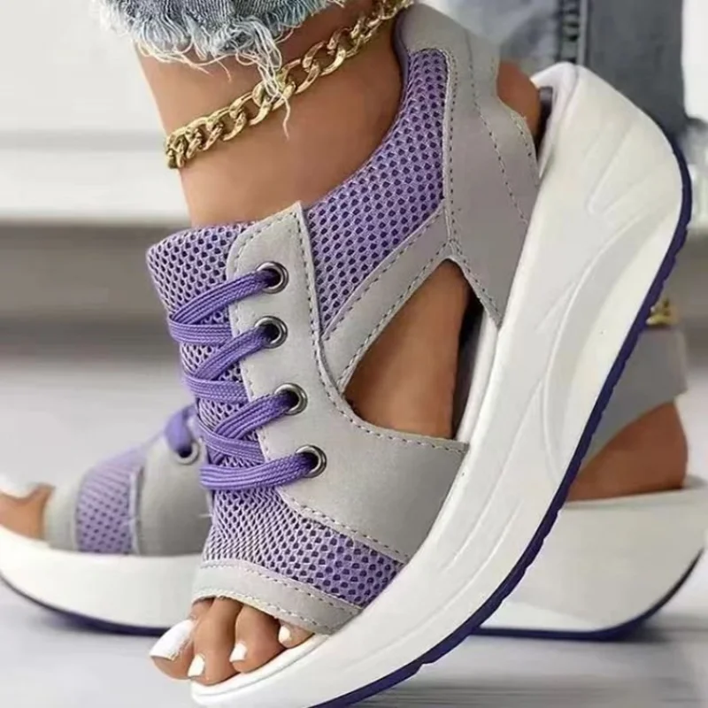 Women's Sneakers Light Breath Casual Sandalias Female Wedges Heels Mesh Summer Vulcanize Flat Platform Peep Toe Ladies Sandals