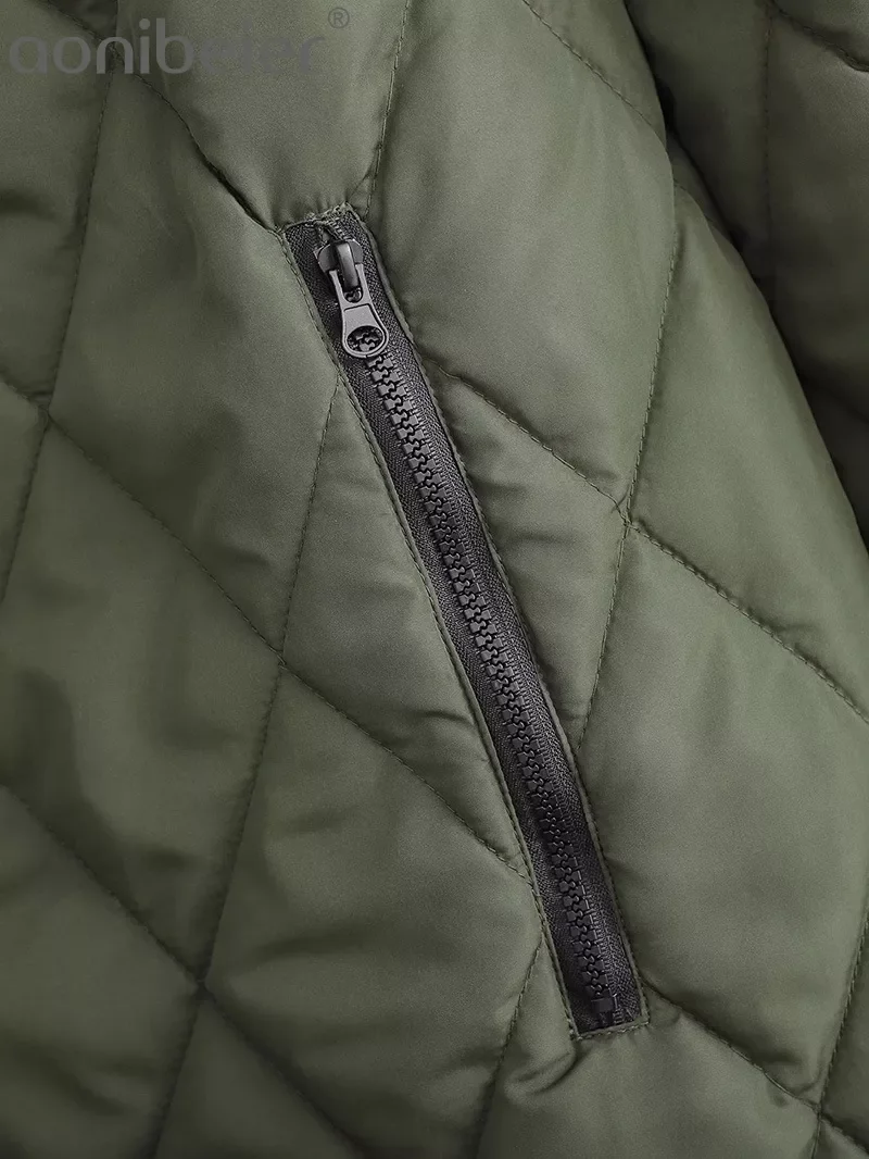 New2022 2022   Woman Casual Traf Coats Winter Warm Argyle Quilted Padded Jacket Hooded Zipper Mid Length Loose Parkas Outwear