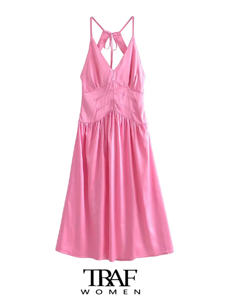

TRAF Women Fashion With Pleated Satin Party Midi Dress Vintage Backless Tied Straps Female Dresses Vestidos Mujer