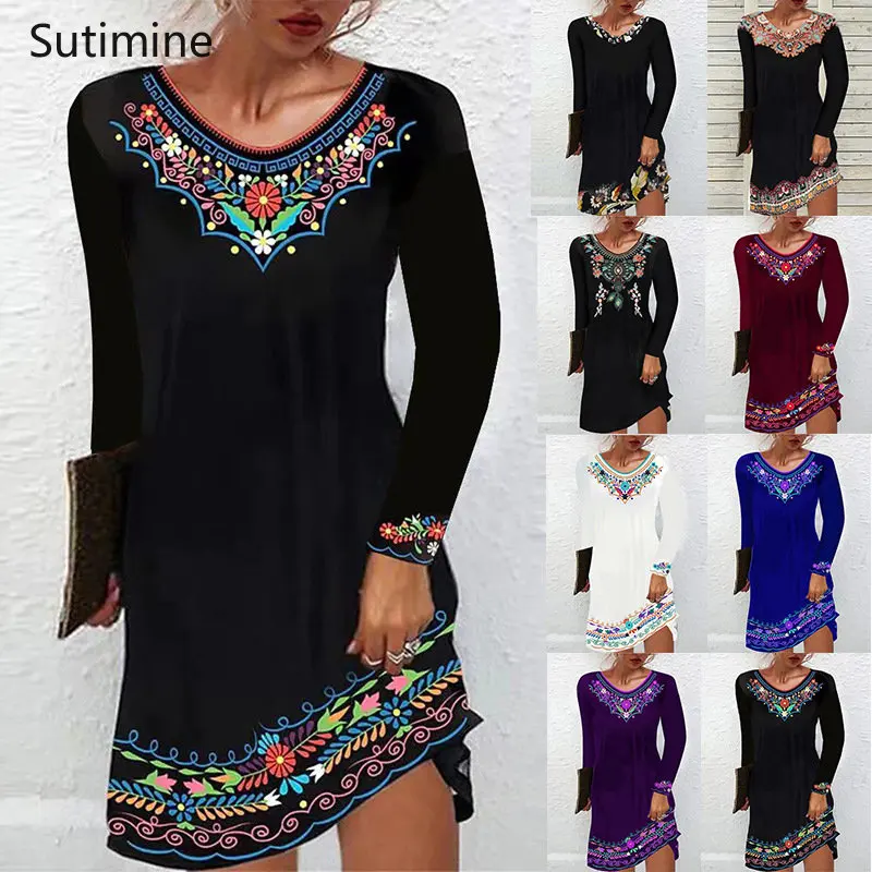 

New Women's National Style Printed Long Sleeve Dress Women Black Color Painting Dresses Bohemian O-Neck Womens Dresses