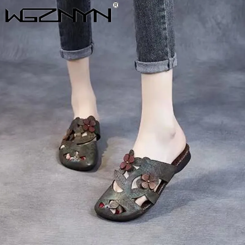 

2022 New Summer Retro Women Sandals Female Pu Low Heels Beach Shoes Ladies Comfortable Print Sandals Shoes Sandalias De Mujer