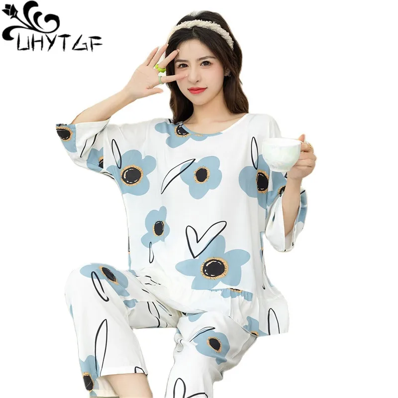 

UHYTGF Pajamas Womens Print Cotton Silk Summer Two-Piece Set Sleepwear Female Thin Home Clothes Breathable Ladies Nightgown 2501