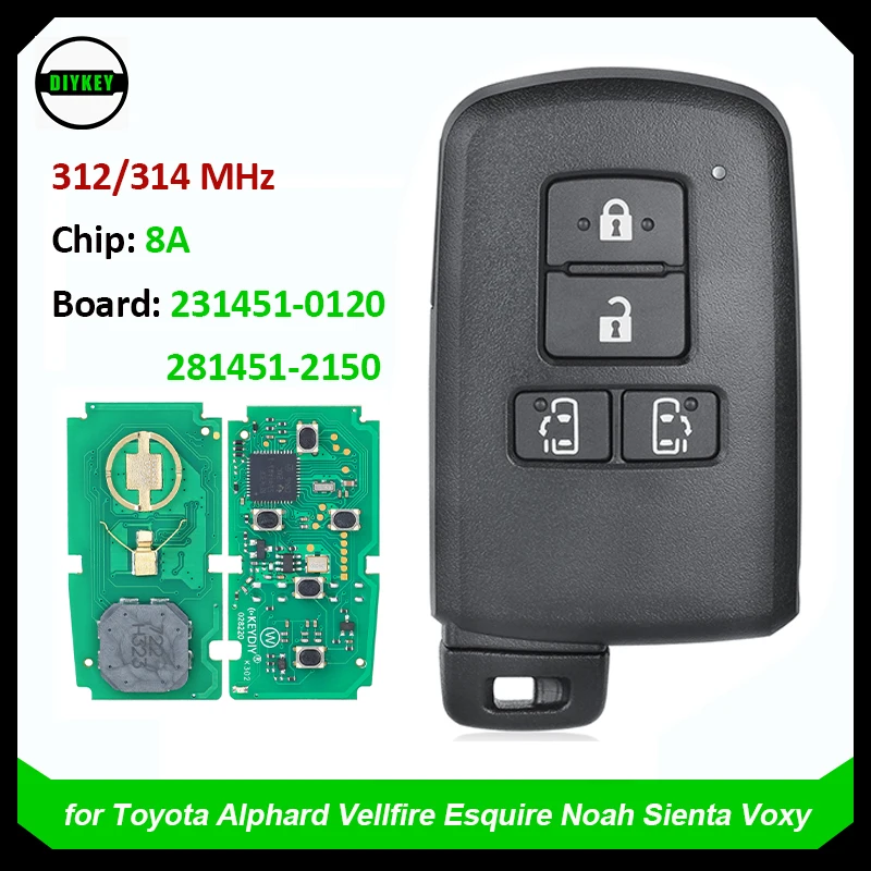 

Умный дистанционный брелок DIYKEY для Toyota Alphard Vellfire Esquire Noah Sienta Voxy 312/314 МГц, идентификатор платы: 231451 -0120 / 281451 -2150