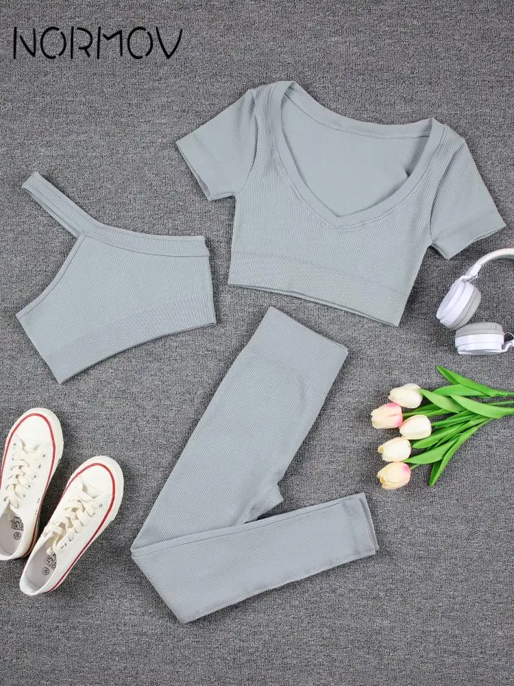 

NORMOV Yoga Set Women High Waist Three Piece Sets Women Tracksuit Seamless Women Outfit Womens Outifits Fitness Leggings Women