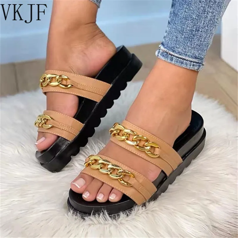 

2022 New Arrival Hot Sale Comfort Flat Slides Leisure Casual Open Toe Outdoor Metal Chian Summer Daily Chic Women's Slippers