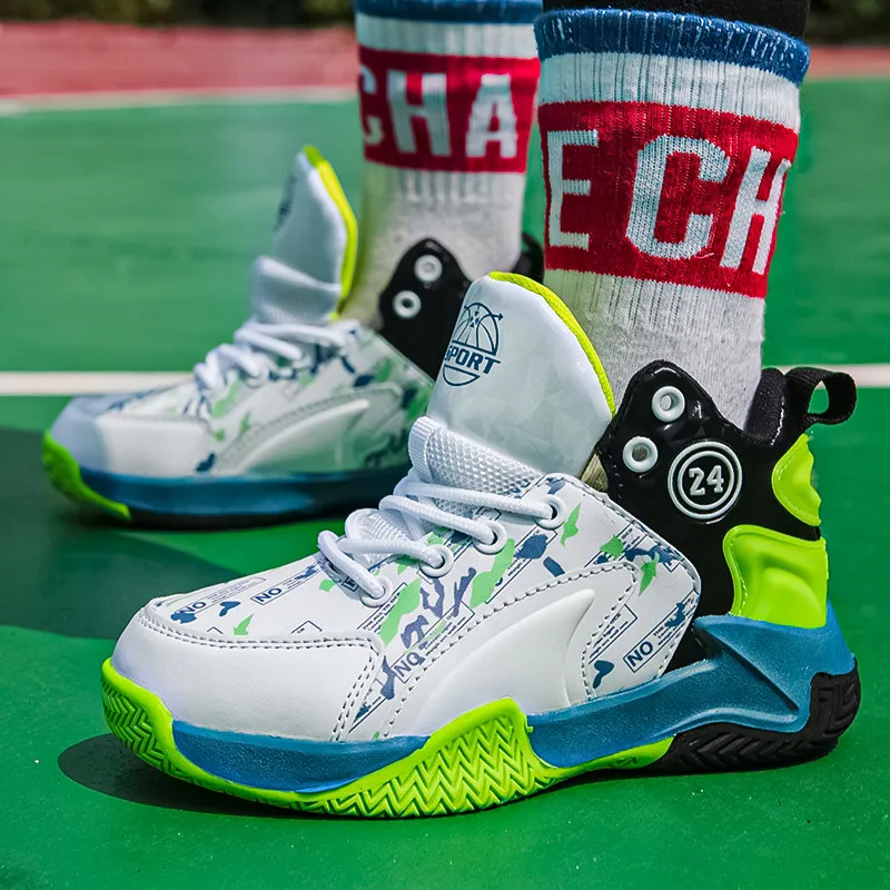 Hot Sale Leather High-top Kids Basketball Shoes Non-slip Breathable Children's Athletic Soprts Shoes Anti-Shock Sneakers For Kid