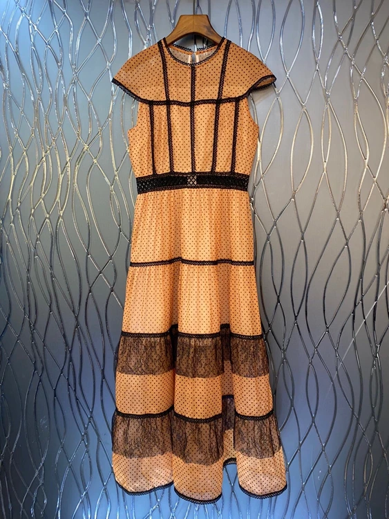 

2022 new women fashion sleeveless round neck polka dot stitching lace trim maxi dress 721