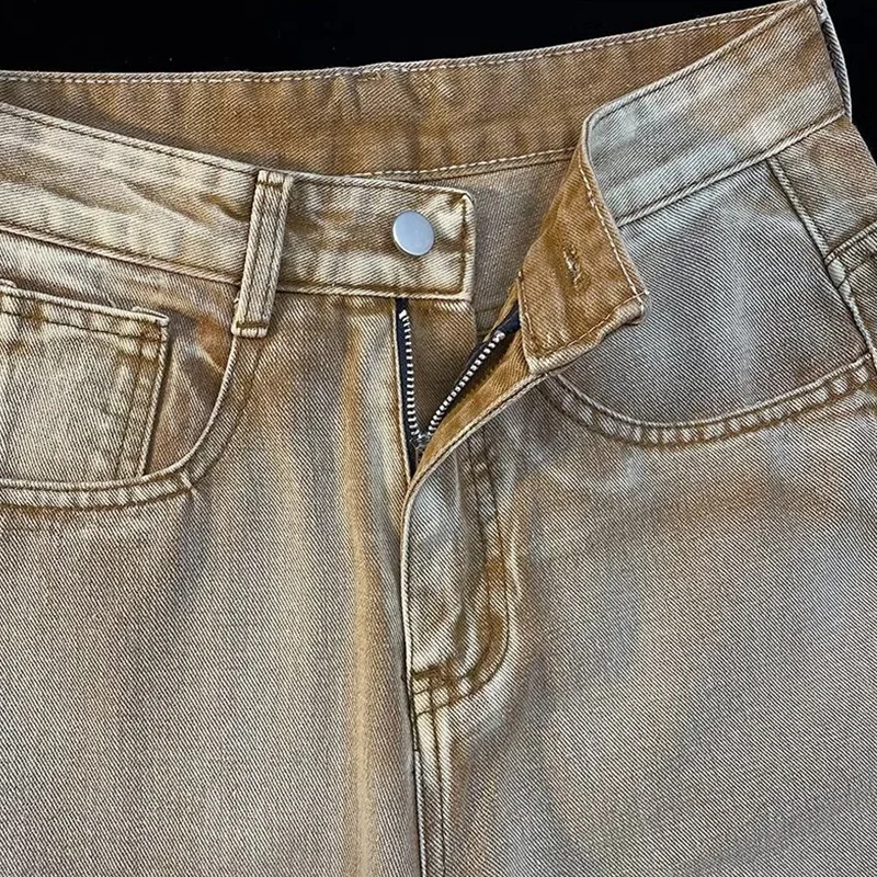 Streetwear Men Letter Graffiti Broad Leg Brown Jeans Autumn and Winter 2022 New Pattern Loose Mopping The Floor Trousers Female