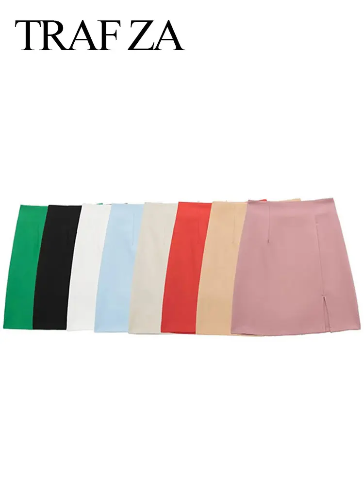 

TRAF ZA 2022 Womens Front Slit Mini Skirt Solid Color Vintage High Waist Back Zipper Slim Skirts Fashion Female Short Skirt
