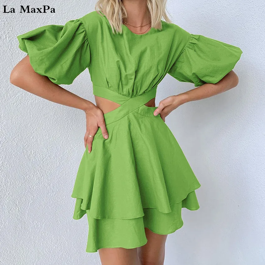 

Summer Green Fashion Girls Dress Puff Sleeves Hollow Out Waist Pleats O Neck Party Holidays Casual Dresses Streetwear