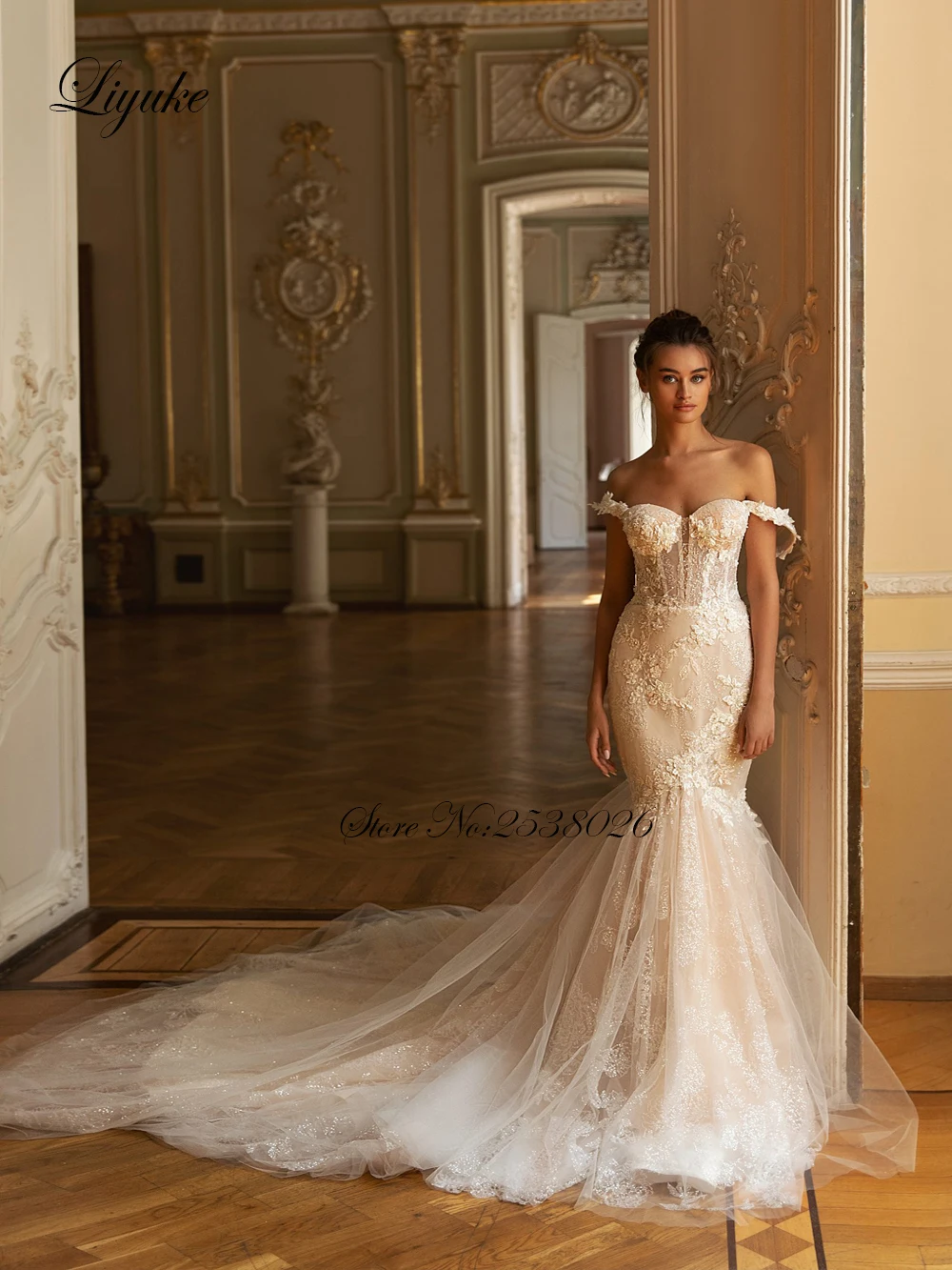 Фото Liyuke элегантное кружевное свадебное платье русалки с аппликацией Robe De Marriage Милое свадебное платье с открытыми плечами №2